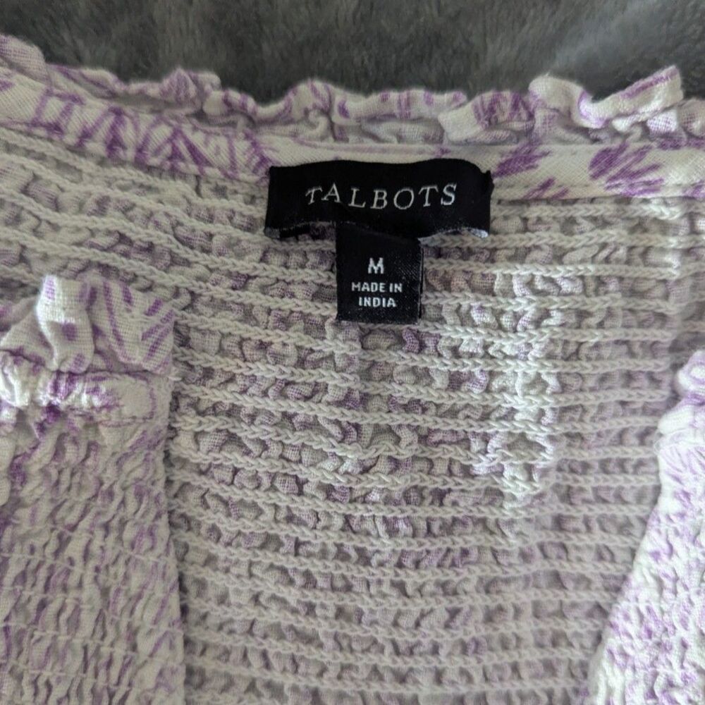 Cottagecore Talbots Linen Cotton Smocked Floral Top Purple Garden Party Blouse M - Picture 8 of 8